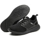 Black electrical-insulating work shoes with treaded outsole and side cushioning