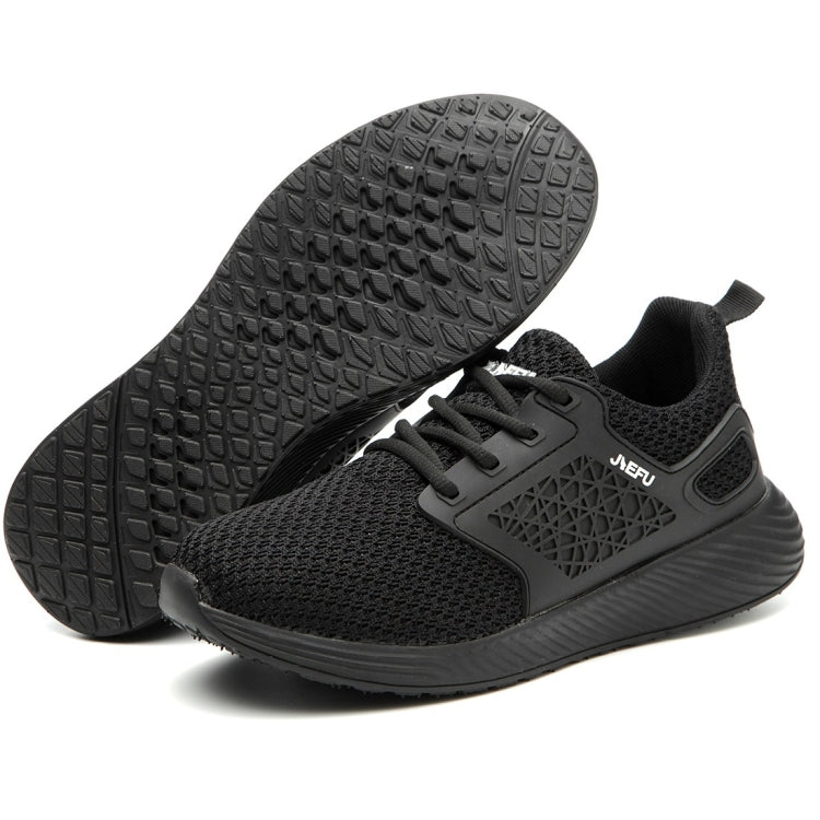 Black electrical-insulating work shoes with treaded outsole and side cushioning