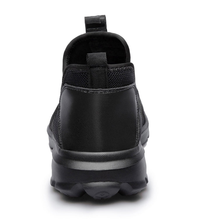 Black safety sneaker with rear pull tab, padded collar, and lace-up front