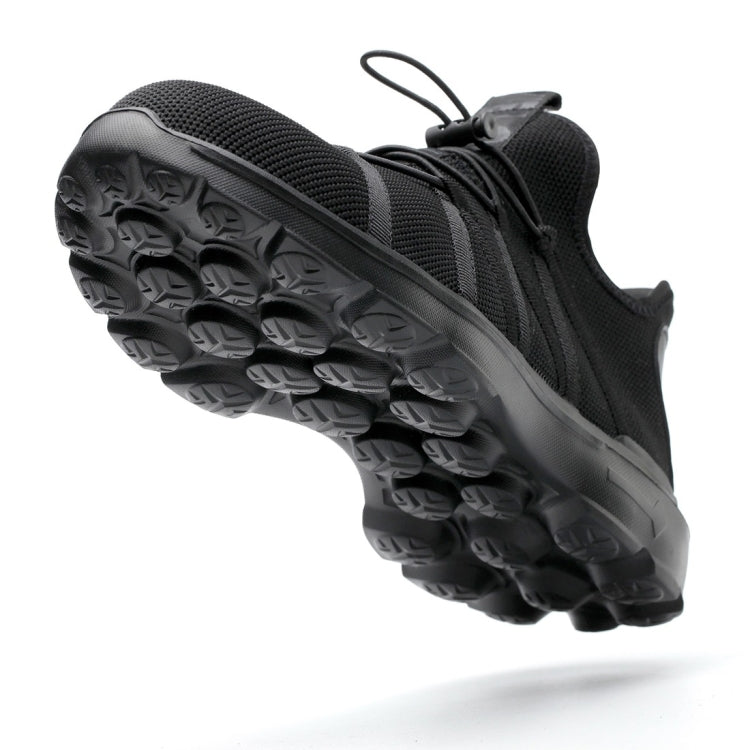 Black safety sneaker with rugged outsole tread and breathable lace-up upper