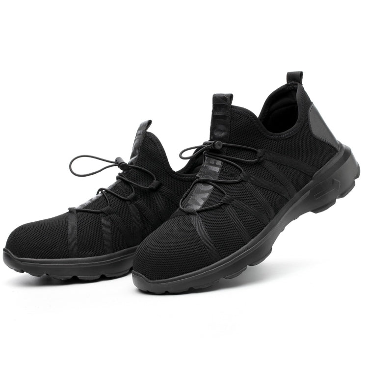 Black breathable safety sneakers pair with lace-up closures and protective overlays