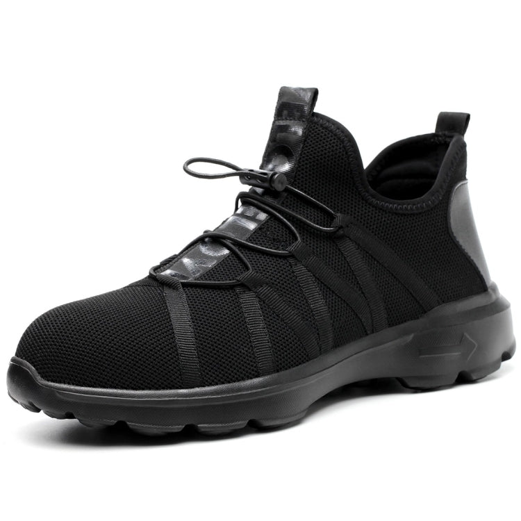 Black mesh sneaker with lace-up system, pull tab, and treaded rubber outsole