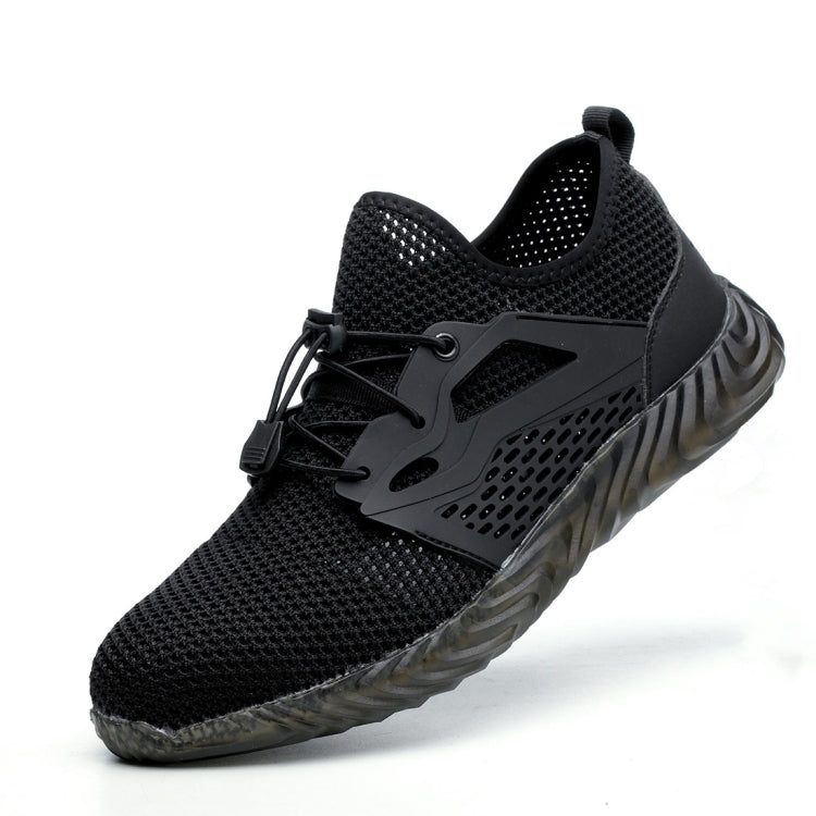 Black mesh work safety shoes with lace-up front and protective toe, cushioned sole