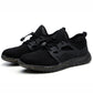 Pair of black lace-up work safety shoes with mesh upper and ventilated side panels