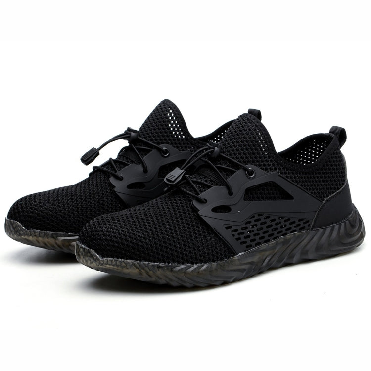 Pair of black lace-up work safety shoes with mesh upper and ventilated side panels