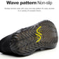 Black safety work shoe outsole close-up with wave non-slip tread