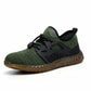 Olive green mesh work safety shoe with lace-up closure and rubber sole