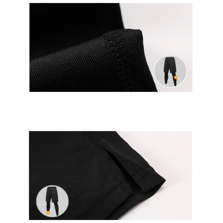 Black fabric detail on two-piece workout pants: textured knit and stitched seams.