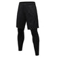 Two-piece fitness pants with black shorts over black leggings and elastic waistband.