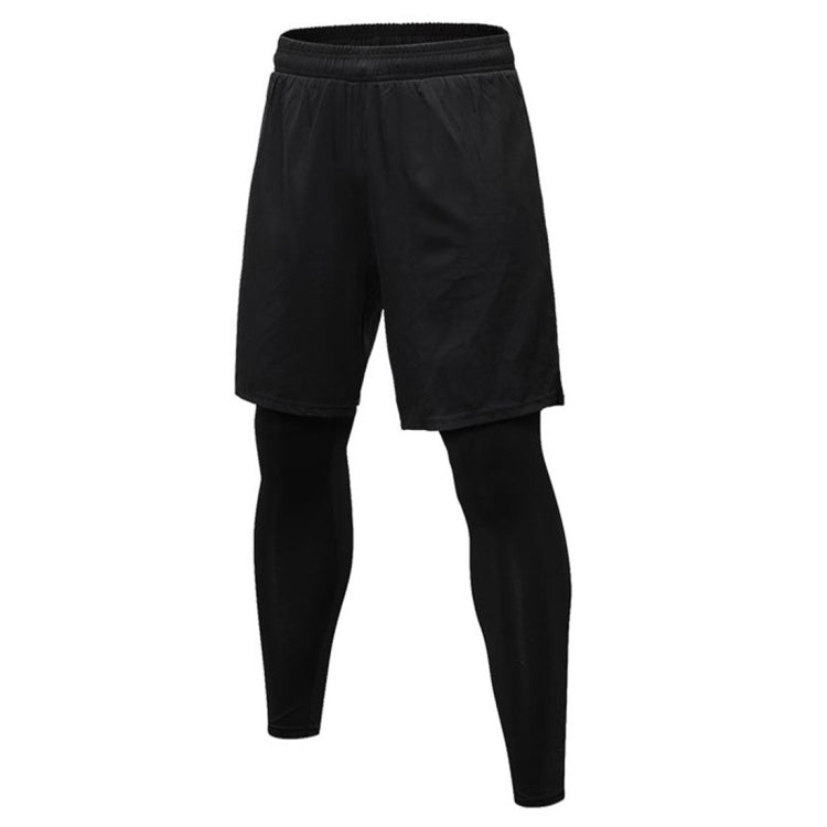 Black two-layer workout pants: shorts overlay with fitted leggings, elastic waist.