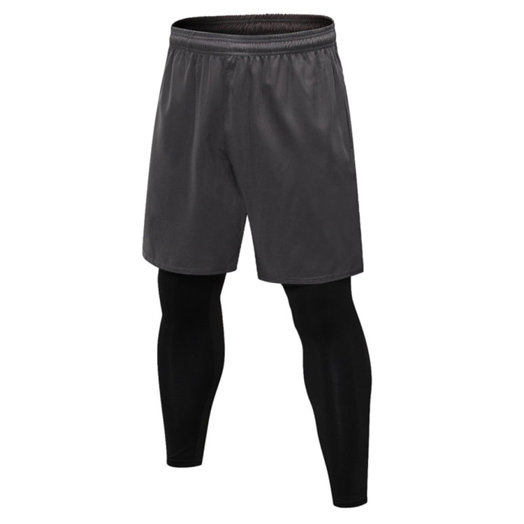 Two-layer fitness pants: dark gray short outer layer over black leggings