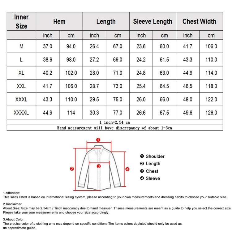 Stormsuit size chart table with hem, length, sleeve length, and chest width