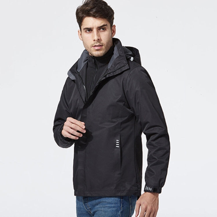 Men's storm jacket with attached hood, full front zipper, dark exterior