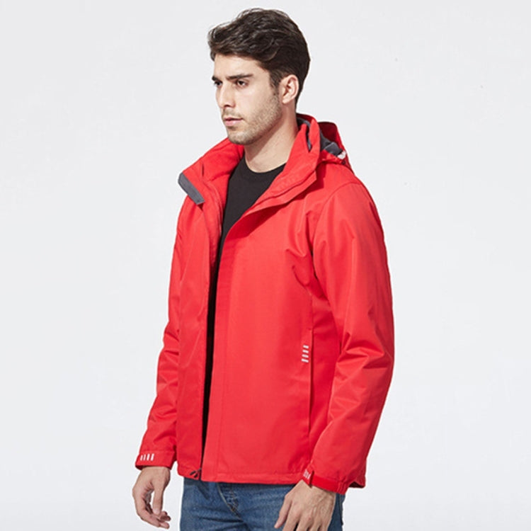 Men's hooded storm jacket, bright red with zip-front and high collar