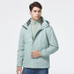 Men's hooded storm jacket, light teal with dark trim and zip-front, standing collar