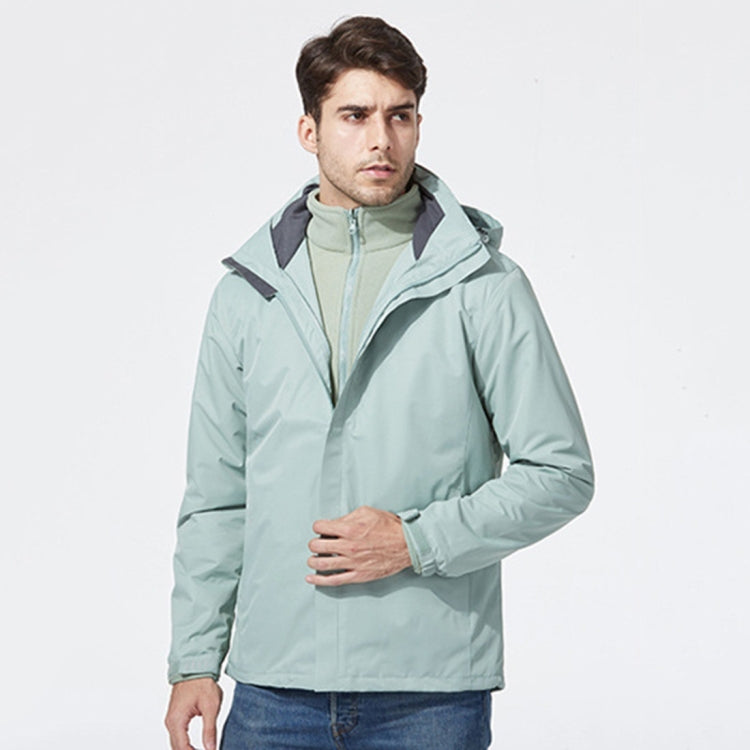 Men's hooded waterproof storm jacket, light green with adjustable cuffs and front zipper