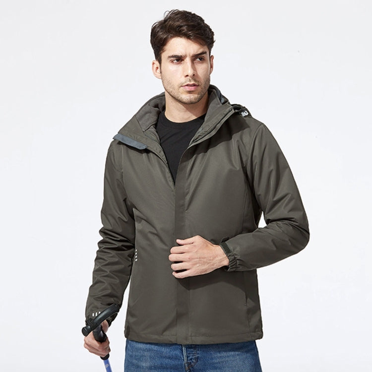 Men's hooded waterproof storm jacket, dark olive with adjustable cuffs and front zipper