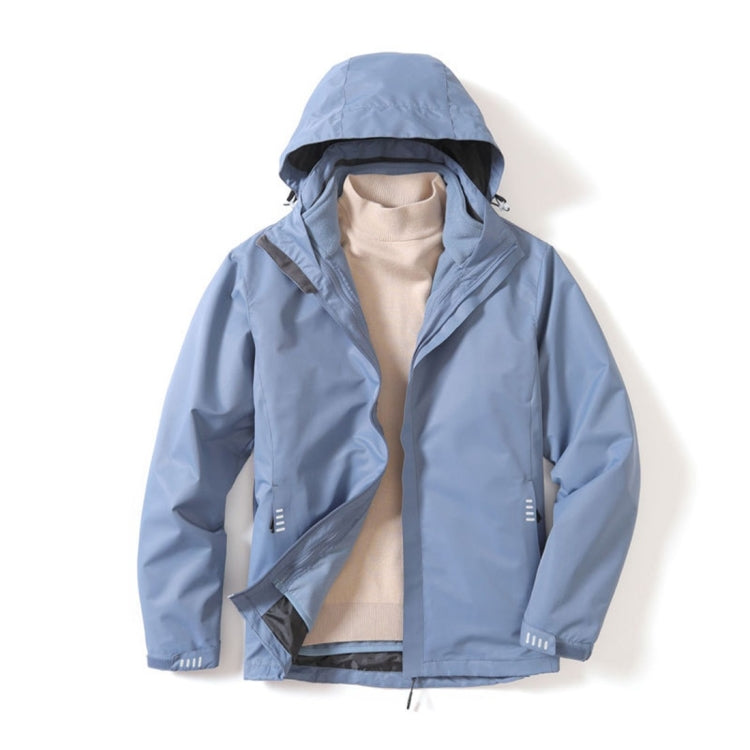 Light blue hooded jacket with front zipper and open inner lining
