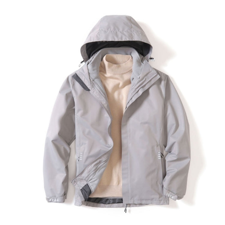 Light gray hooded waterproof jacket with front zipper and adjustable cuffs