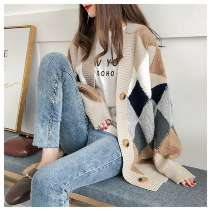 Khaki argyle knit cardigan with contrast diamond panels and button front
