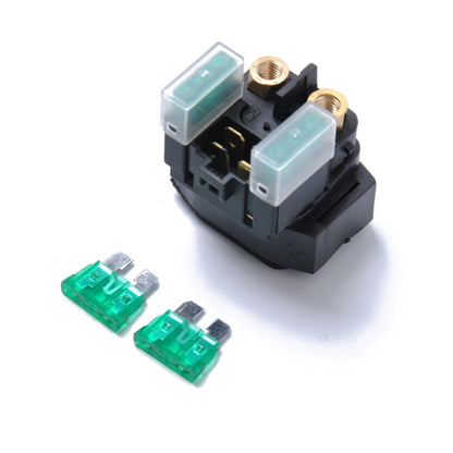 Starter solenoid relay with fuse, black housing, brass terminals and green fuse blocks