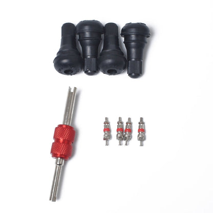 Snap-in tubeless rubber valve stems set with red core wrench, TR412