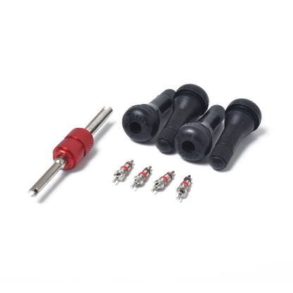 Snap-in short black rubber valve stems set with red core wrench and valve cores