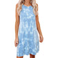 Women’s sky blue tie-dye sleeveless dress with round neck, A-line mid-length front view