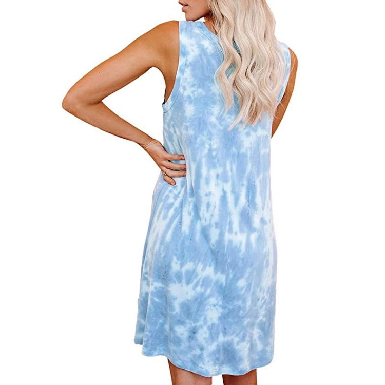 Women’s sky blue tie-dye sleeveless dress with round neck, A-line mid-length side view