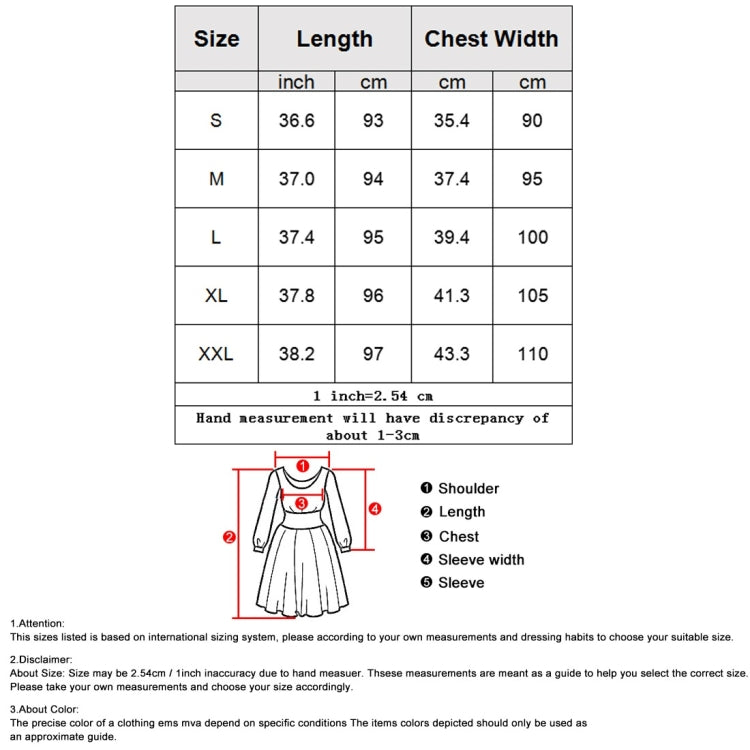 Dress size chart with length and chest width measurements, plus garment diagram