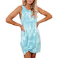 Tie-dye sleeveless vest dress with round neck, A-line, light turquoise pattern knot front hem