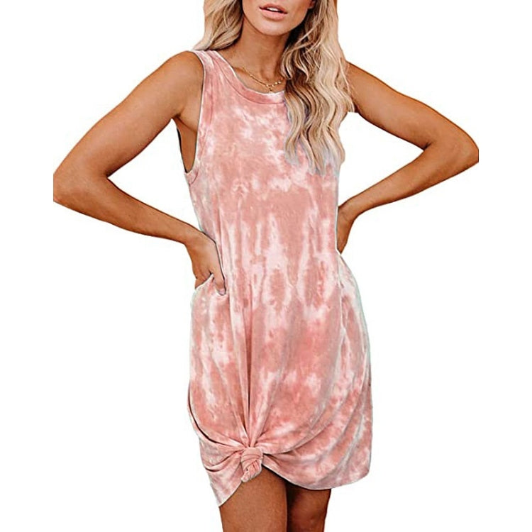 Tie-dye sleeveless vest dress with round neck, A-line, pink pattern knot front hem