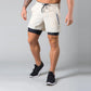 Men's two-layer quick-dry fitness shorts, khaki front with side pocket and black hem