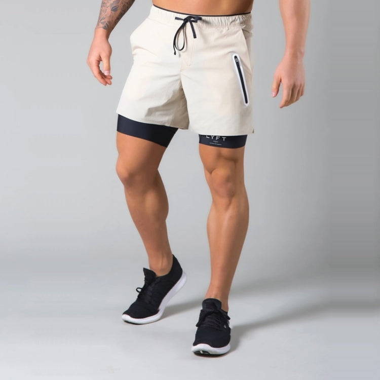 Men's two-layer quick-dry fitness shorts, khaki front with side pocket and black hem