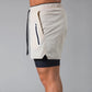 Men's two-layer quick-dry fitness shorts, khaki side view with drawstring and zip pocket