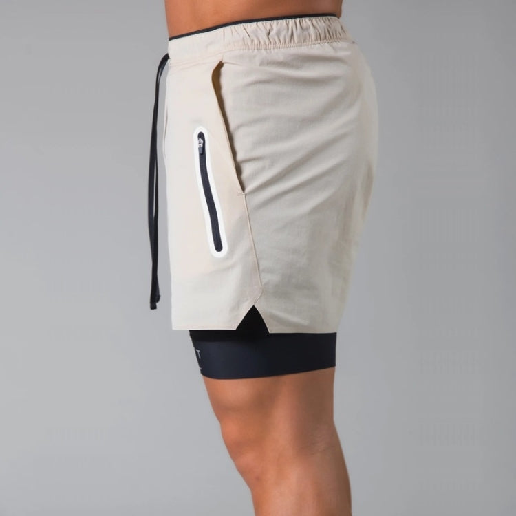 Men's two-layer quick-dry fitness shorts, khaki side view with drawstring and zip pocket