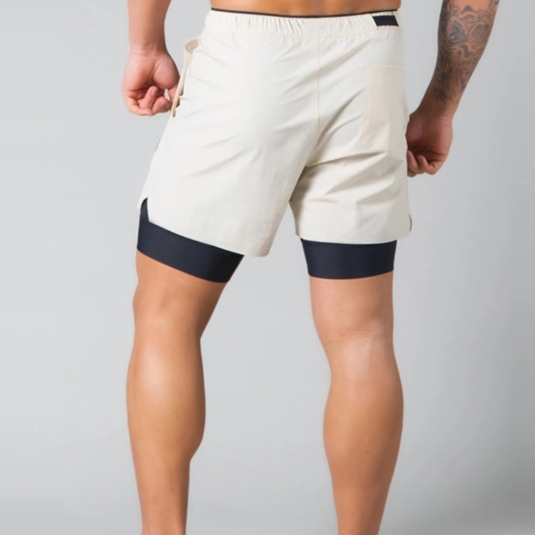 Men's two-layer quick-dry fitness shorts, khaki back view with black inner lining