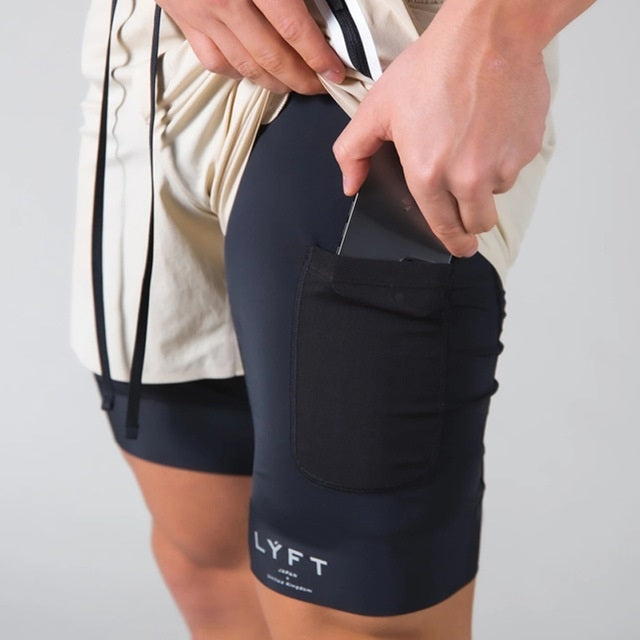 Men's two-layer fitness shorts, black inner shorts visible with LYFT logo on hem