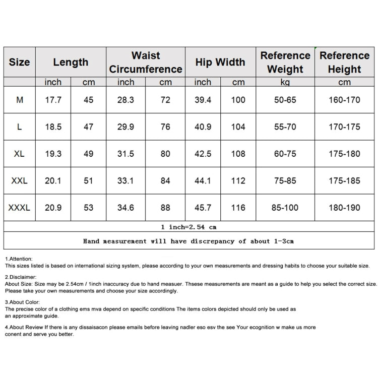 Size chart for men's fitness shorts with length, waist, hip width, weight, and height ranges