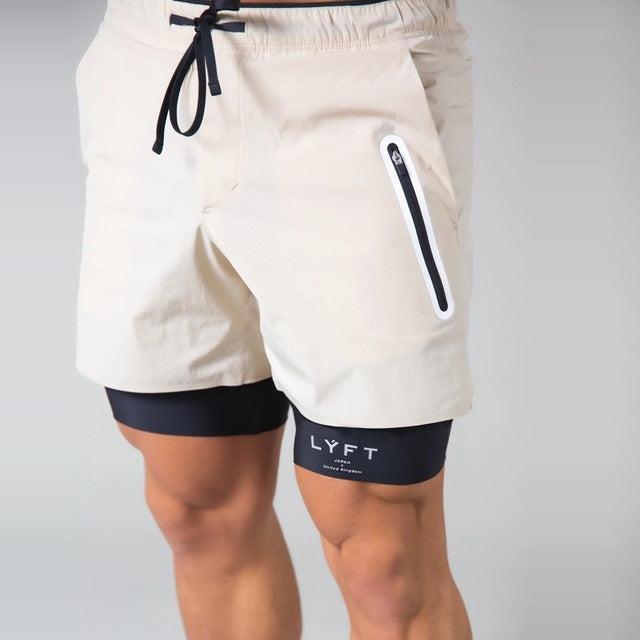 Men's two-layer quick-dry fitness shorts, khaki front with black inner lining and LYFT logo