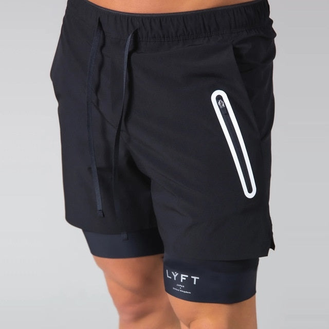 Men's dark blue double-layer fitness shorts with drawstring, inner layer, LYFT logo