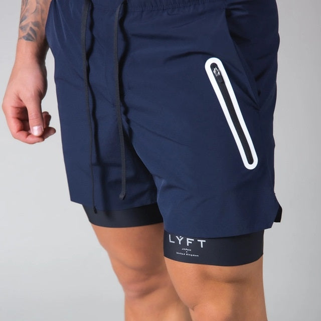 Men's navy double-layer fitness shorts, drawstring waist, side pocket, LYFT logo