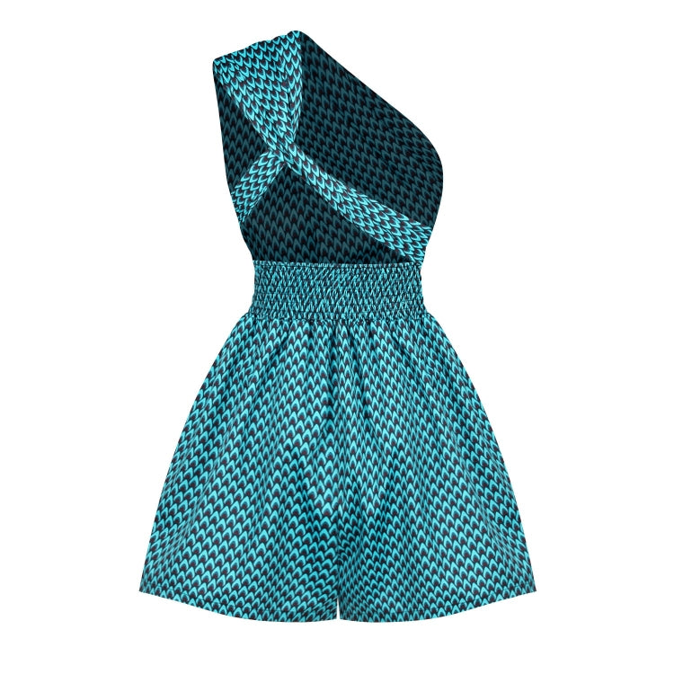 Teal and navy patterned sleeveless romper from back, elastic waist with bow detail