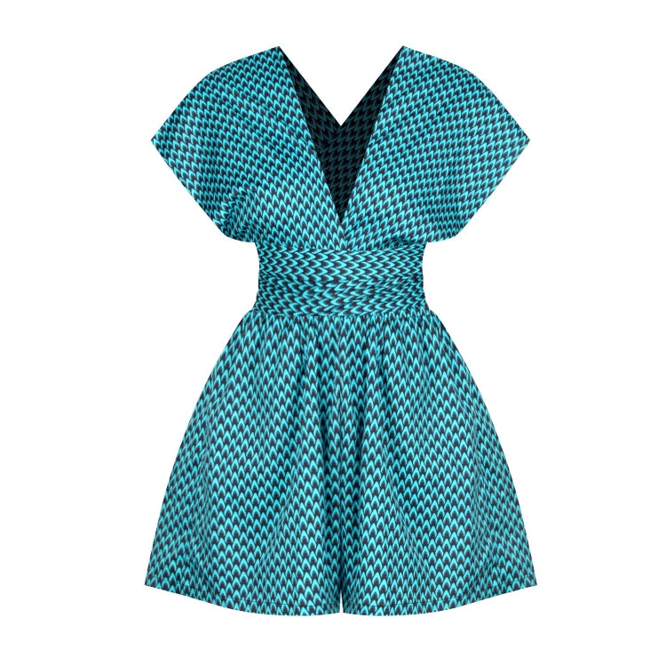 Teal and navy patterned sleeveless V-neck romper with gathered waist and wide shorts