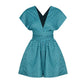 Teal patterned romper with off-shoulder flutter sleeves and elastic gathered waist
