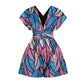 Women's loose print jumpsuit with V-neck and gathered waist tie, blue pink black