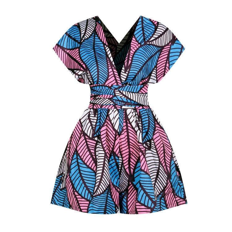 Women's loose jumpsuit with colorful geometric print, wrap V-neck, and belt-style tie