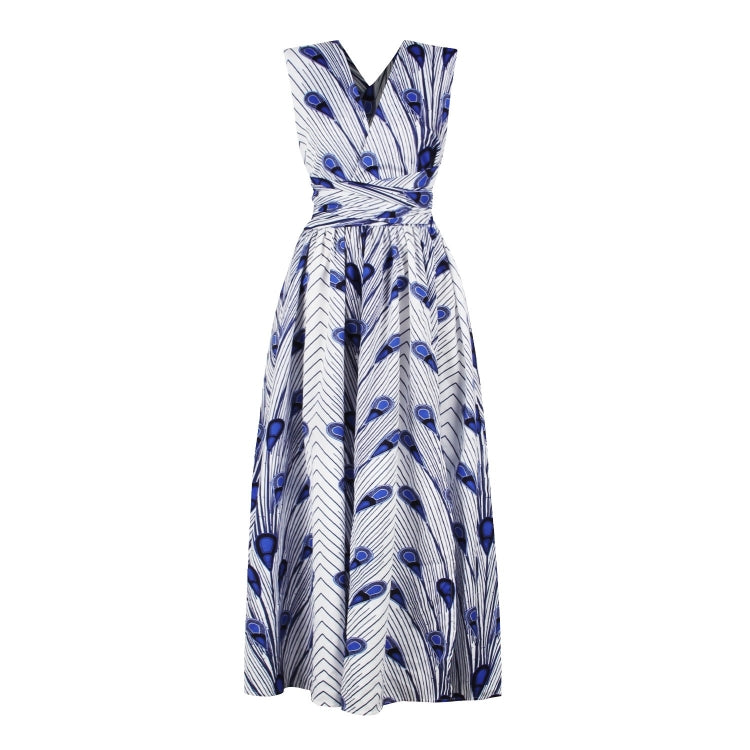 White and blue feather-print sleeveless maxi dress with waist tie and V neck
