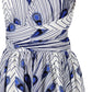 Feather-print dress bodice with V neckline, ruched waist, and pleated skirt