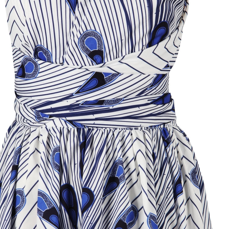 Feather-print dress bodice with V neckline, ruched waist, and pleated skirt
